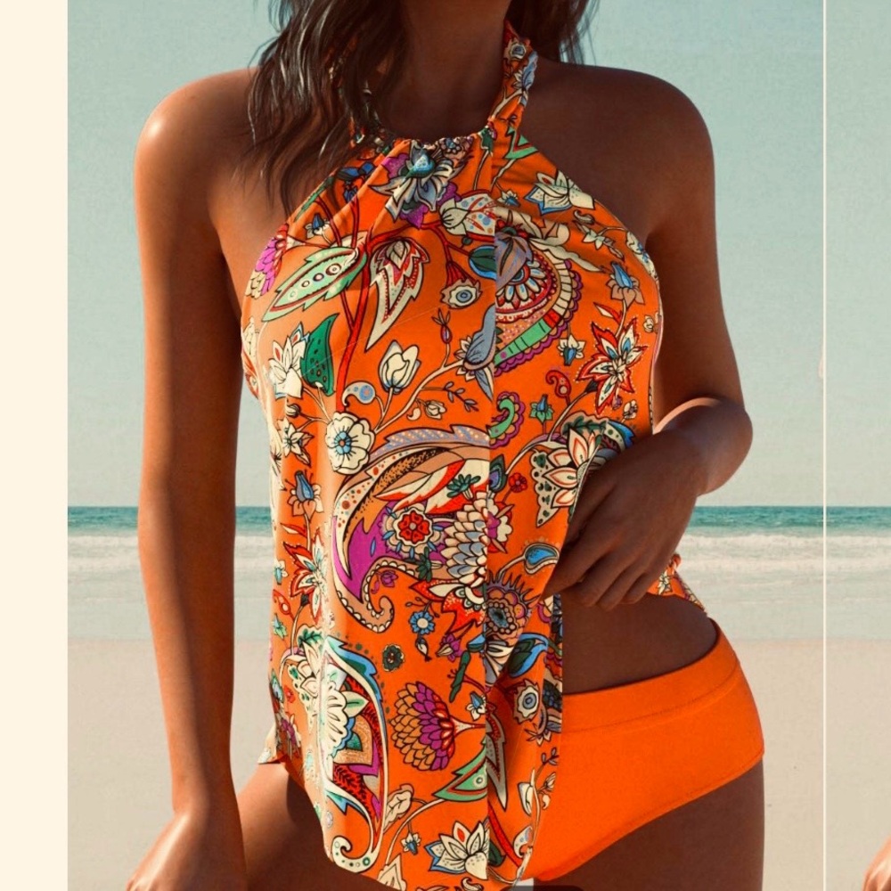 Orange Paisley Halter Swim Top